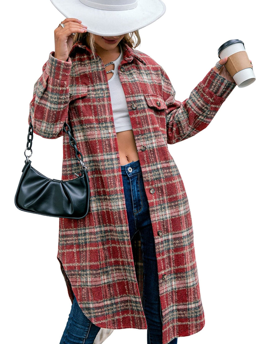 Unilexi Womens Casual Long Plaid Flannel Shackets Long Sleeve Lapel Thin Coat Button Down Oversize Shirt Jacket - 7DAY'S