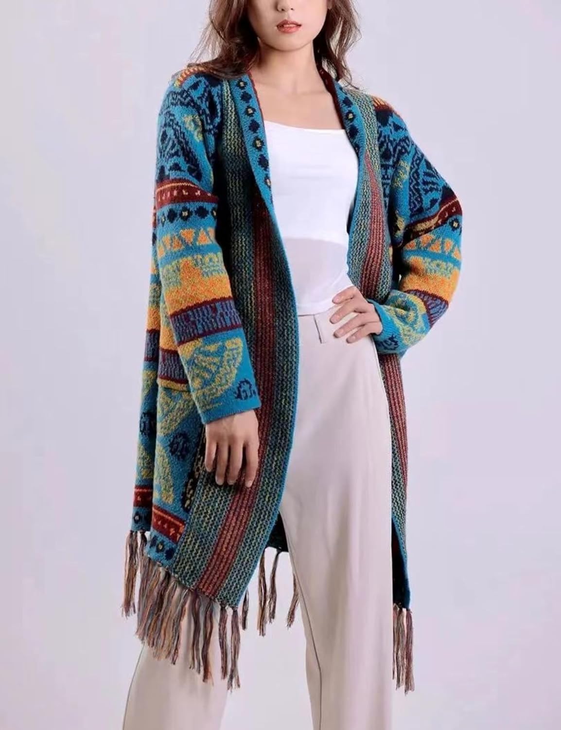 Unilexi Womens Casual Vintage Long Sleeve Tassels Knitted Cardigan Boho Aztec Style Open Front Sweater Coat - 7DAY'S