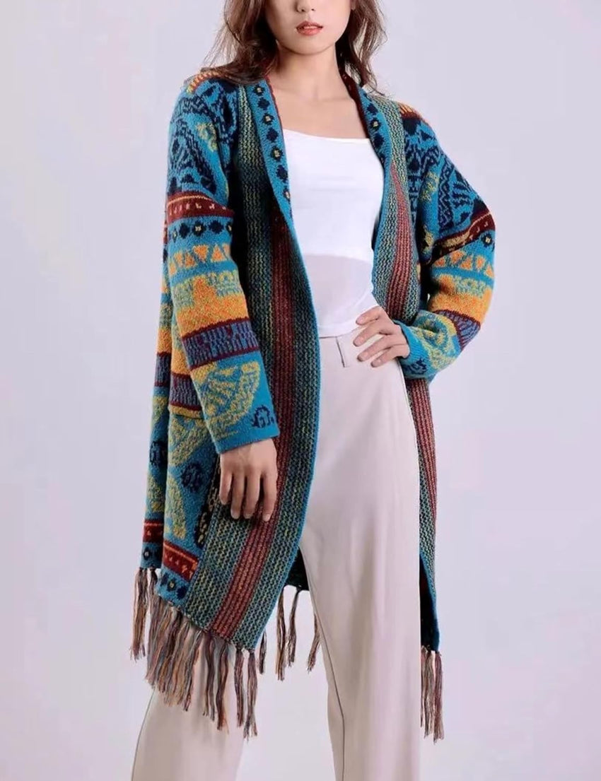 Unilexi Womens Casual Vintage Long Sleeve Tassels Knitted Cardigan Boho Aztec Style Open Front Sweater Coat - 7DAY'S