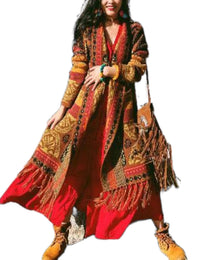 Unilexi Womens Casual Vintage Long Sleeve Tassels Knitted Cardigan Boho Aztec Style Open Front Sweater Coat - 7DAY'S