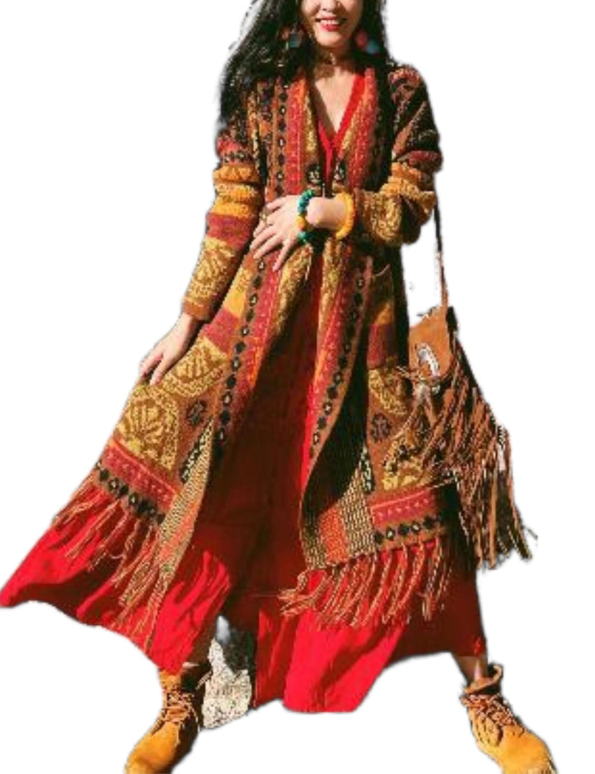 Unilexi Womens Casual Vintage Long Sleeve Tassels Knitted Cardigan Boho Aztec Style Open Front Sweater Coat - 7DAY'S