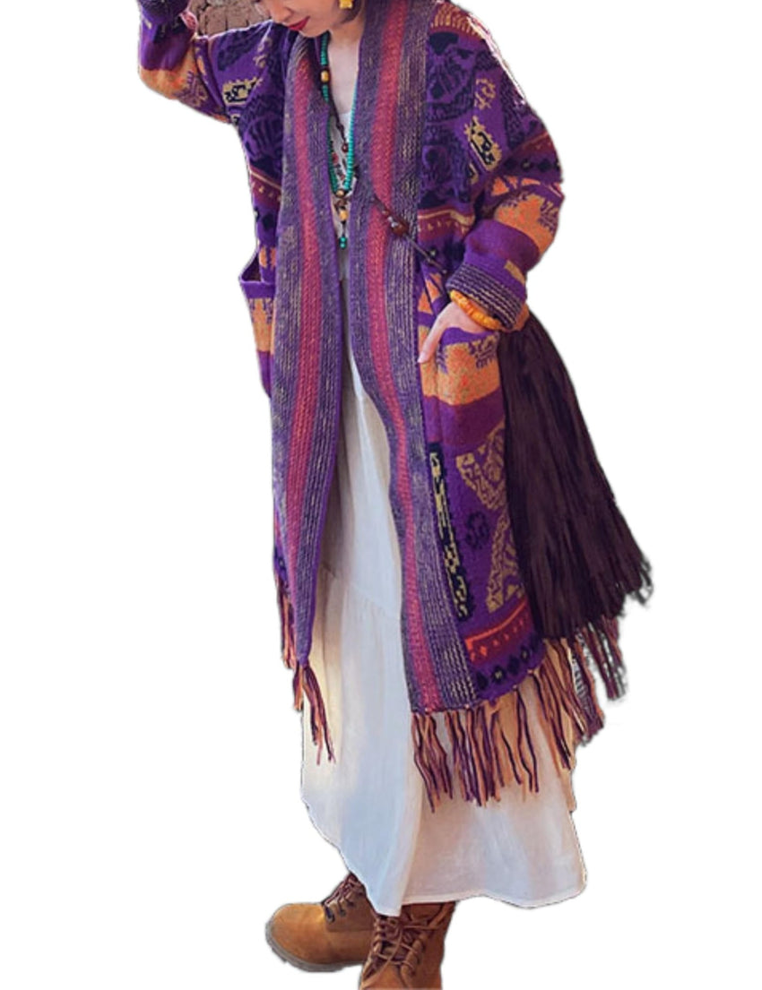 Unilexi Womens Casual Vintage Long Sleeve Tassels Knitted Cardigan Boho Aztec Style Open Front Sweater Coat - 7DAY'S