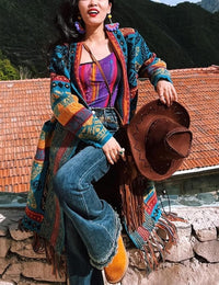Unilexi Womens Casual Vintage Long Sleeve Tassels Knitted Cardigan Boho Aztec Style Open Front Sweater Coat - 7DAY'S