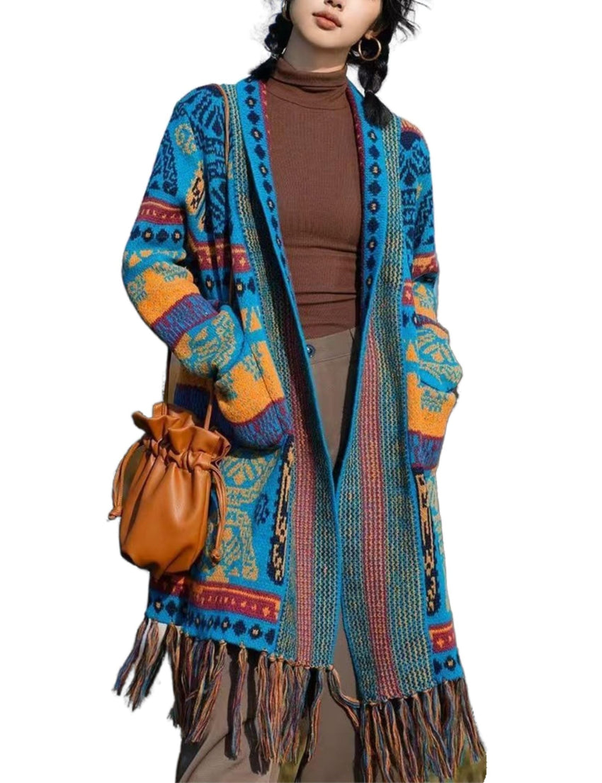 Unilexi Womens Casual Vintage Long Sleeve Tassels Knitted Cardigan Boho Aztec Style Open Front Sweater Coat - 7DAY'S