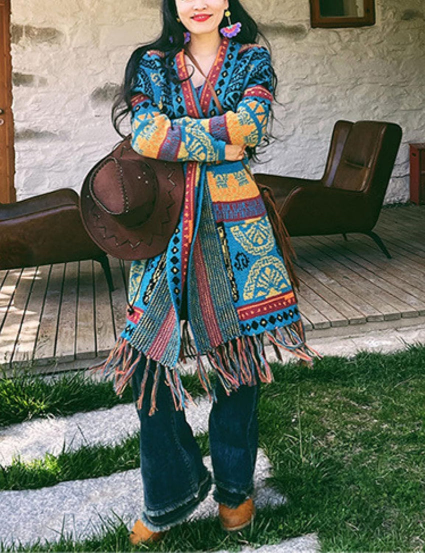 Unilexi Womens Casual Vintage Long Sleeve Tassels Knitted Cardigan Boho Aztec Style Open Front Sweater Coat - 7DAY'S