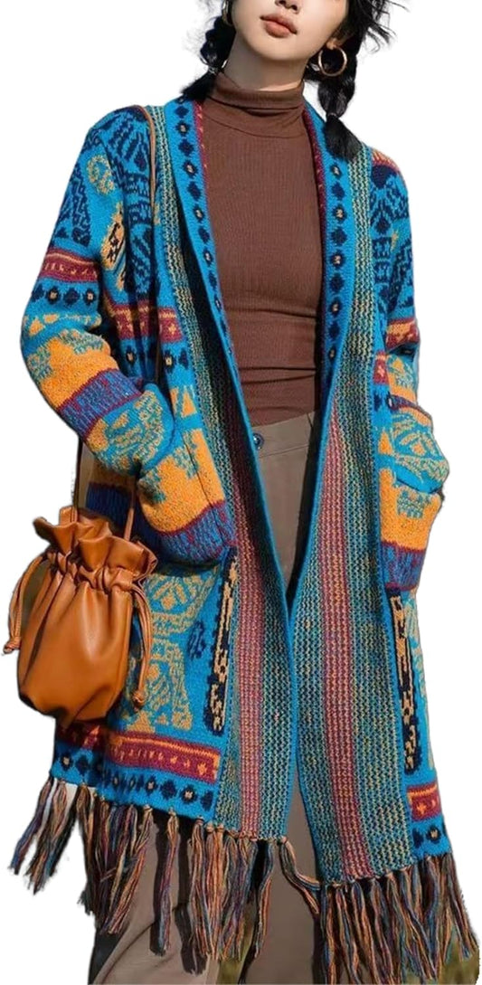 Unilexi Womens Casual Vintage Long Sleeve Tassels Knitted Cardigan Boho Aztec Style Open Front Sweater Coat - 7DAY'S