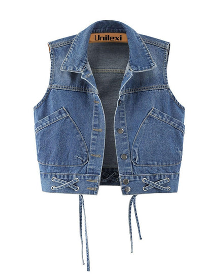 Unilexi Womens Crop Denim Vest Lapel Collar Lace Up Short Jean Gilet with Pockets - 7DAY'S