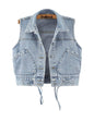 Unilexi Womens Crop Denim Vest Lapel Collar Lace Up Short Jean Gilet with Pockets - 7DAY'S
