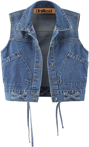 Unilexi Womens Crop Denim Vest Lapel Collar Lace Up Short Jean Gilet with Pockets