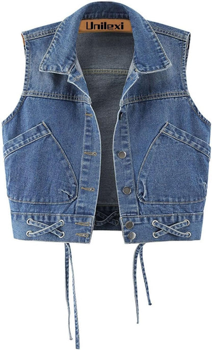 Unilexi Womens Crop Denim Vest Lapel Collar Lace Up Short Jean Gilet with Pockets - 7DAY'S