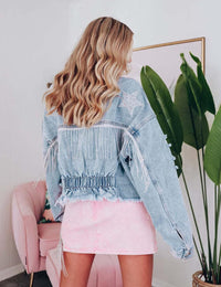Unilexi Women’s Cropped Rhinestone Fringe Denim Jacket Star Printed Distressed Ripped Tassel Jean Coat - 7DAY'S