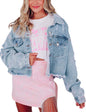 Unilexi Women’s Cropped Rhinestone Fringe Denim Jacket Star Printed Distressed Ripped Tassel Jean Coat - 7DAY'S