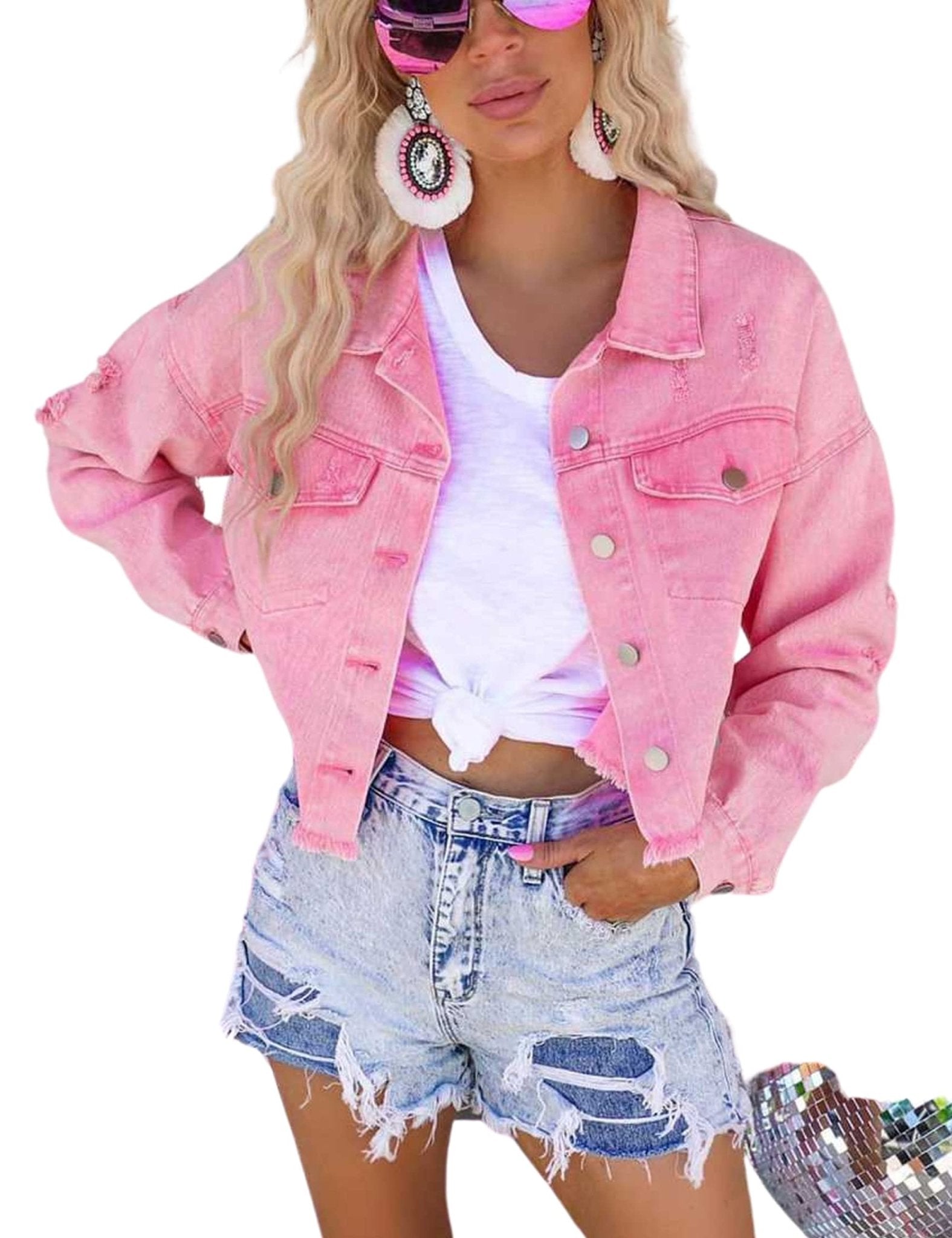Unilexi Women’s Cropped Rhinestone Fringe Denim Jacket Star Printed Distressed Ripped Tassel Jean Coat - 7DAY'S