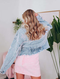 Unilexi Women’s Cropped Rhinestone Fringe Denim Jacket Star Printed Distressed Ripped Tassel Jean Coat - 7DAY'S