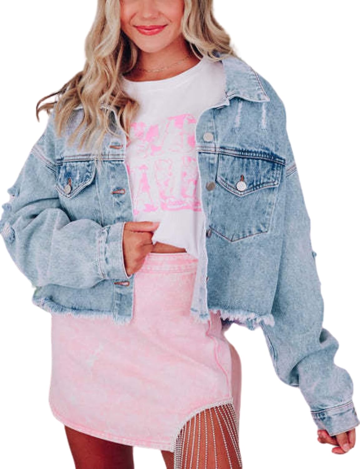 Unilexi Women’s Cropped Rhinestone Fringe Denim Jacket Star Printed Distressed Ripped Tassel Jean Coat - 7DAY'S