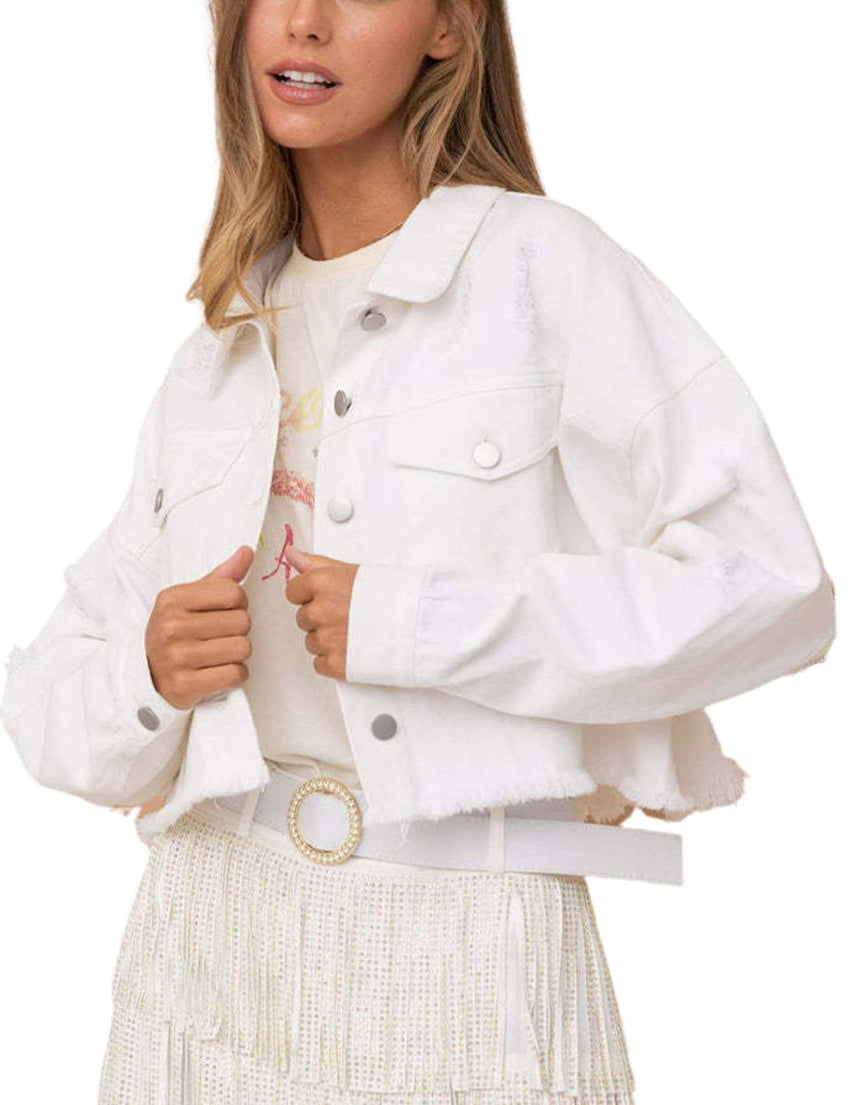 Unilexi Women’s Cropped Rhinestone Fringe Denim Jacket Star Printed Distressed Ripped Tassel Jean Coat - 7DAY'S