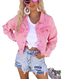Unilexi Women’s Cropped Rhinestone Fringe Denim Jacket Star Printed Distressed Ripped Tassel Jean Coat - 7DAY'S