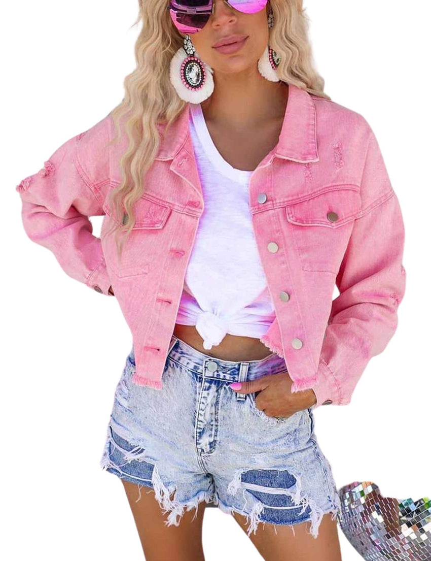 Unilexi Women’s Cropped Rhinestone Fringe Denim Jacket Star Printed Distressed Ripped Tassel Jean Coat - 7DAY'S