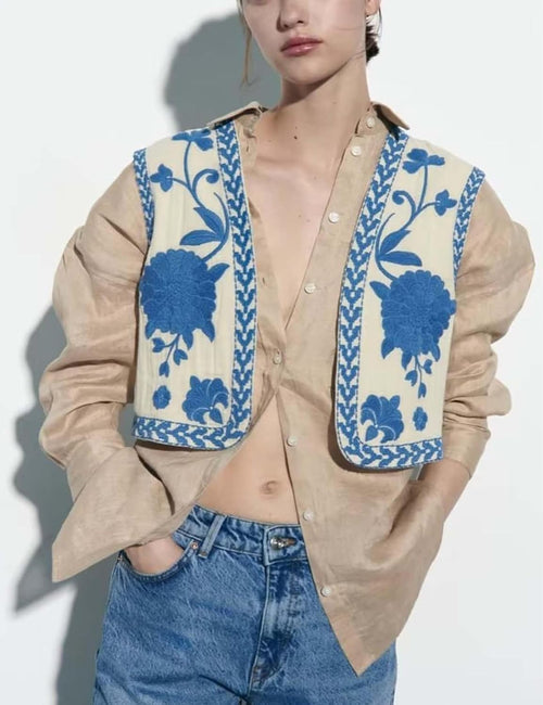 Unilexi Women's Embroidered Vest Outerwear Vintage Floral Cropped Waistcoat Casual Open Sleeveless Boho Cardigan - 7DAY'S