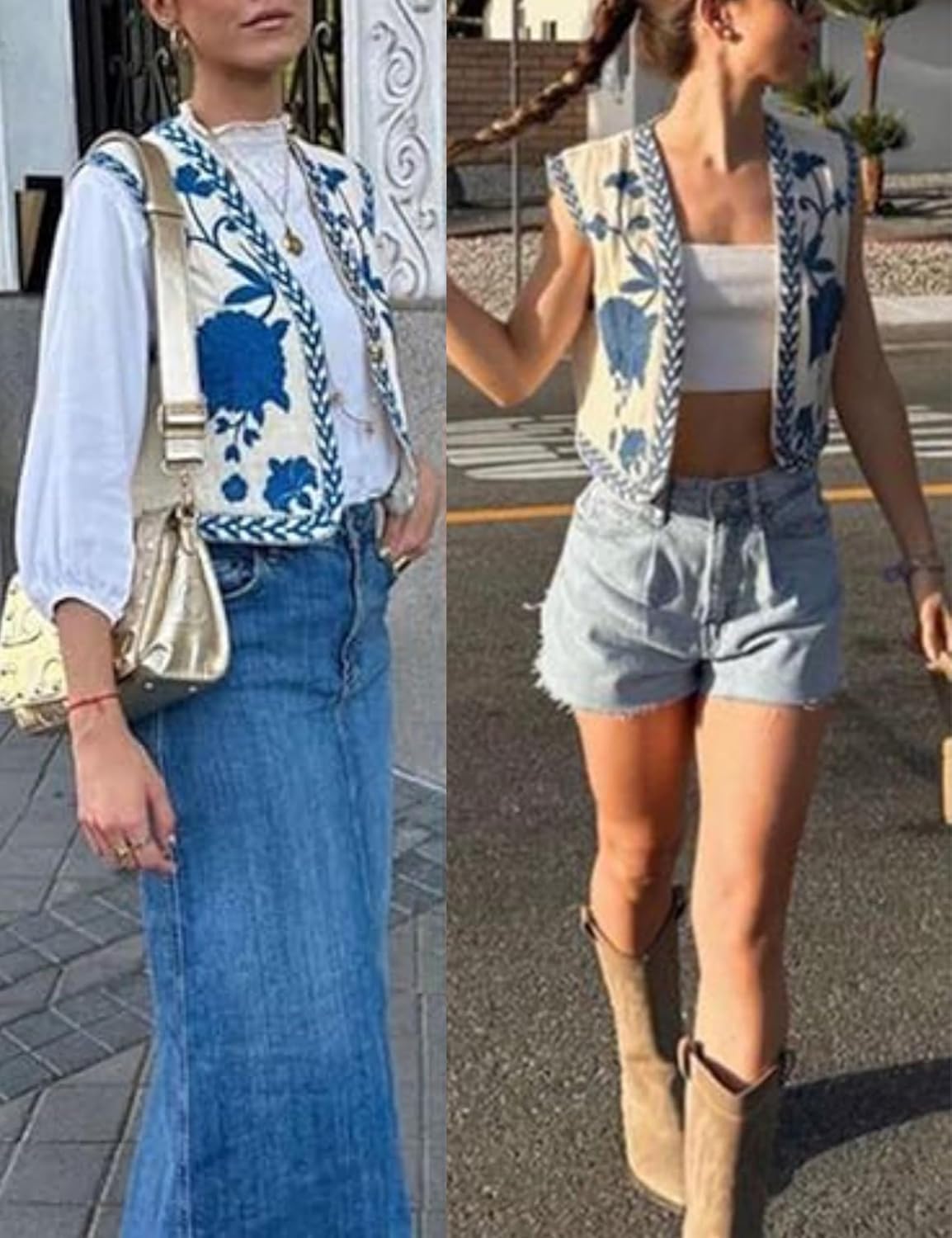 Unilexi Women's Embroidered Vest Outerwear Vintage Floral Cropped Waistcoat Casual Open Sleeveless Boho Cardigan - 7DAY'S