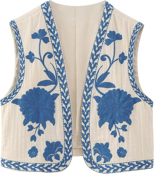 Unilexi Women's Embroidered Vest Outerwear Vintage Floral Cropped Waistcoat Casual Open Sleeveless Boho Cardigan - 7DAY'S