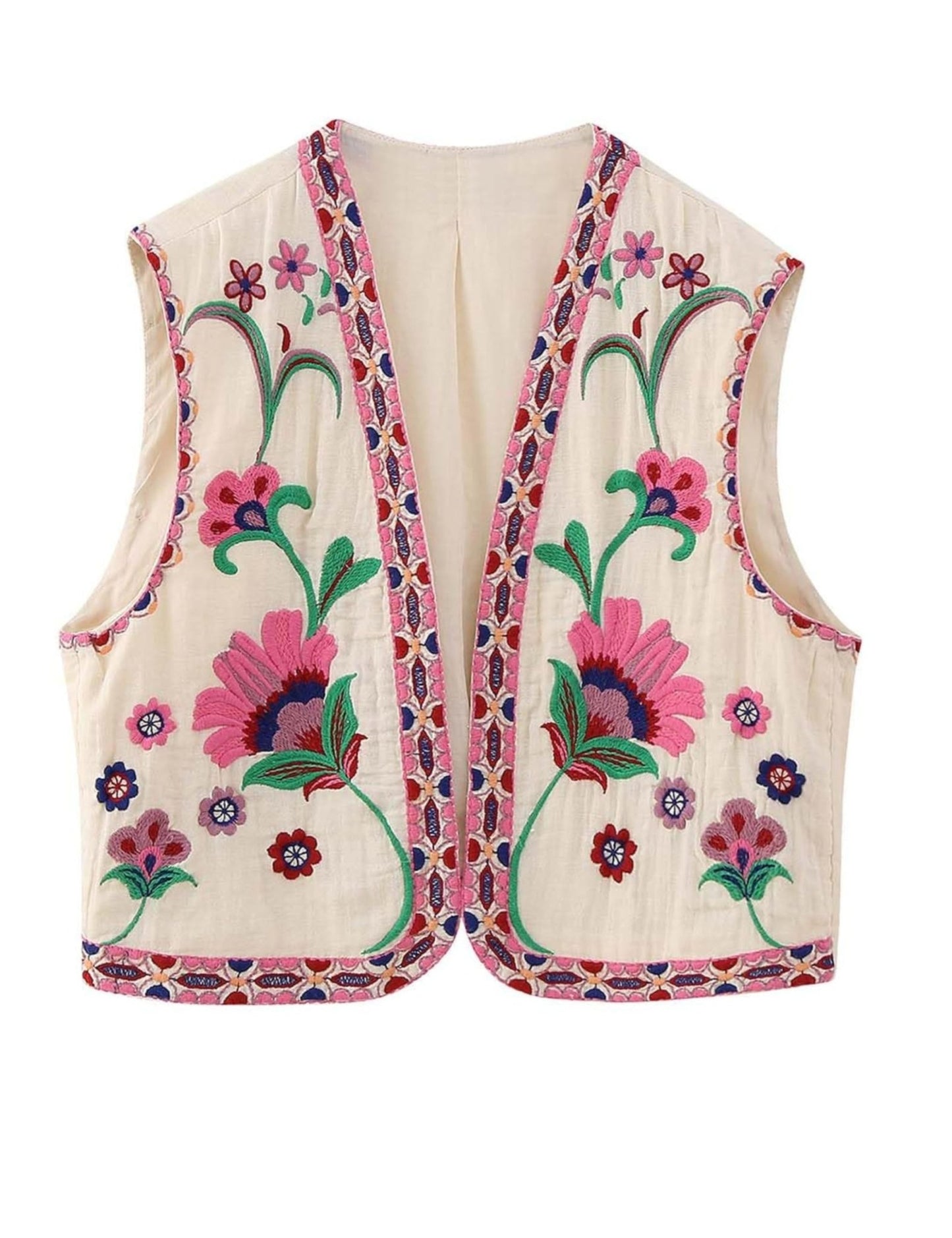 Unilexi Women's Embroidered Vest Outerwear Vintage Floral Cropped Waistcoat Casual Open Sleeveless Boho Cardigan - 7DAY'S
