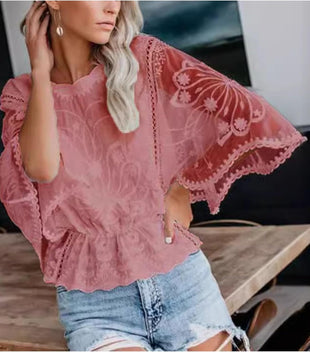 Unilexi Womens Fashion 3/4 Sleeve Lace Tops Elegant Floral Sheer Shirt Casual Mesh Blouses for Women - 7DAY'S