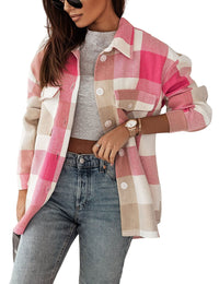 Unilexi Womens Fashion Long Sleeve Colorful Plaid Shackets Loose Lapel Collar Fleece Cardigan Coat - 7DAY'S
