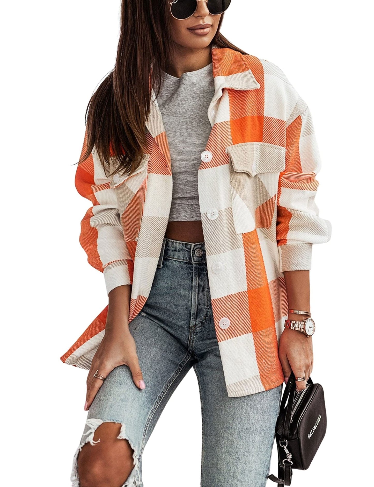 Unilexi Womens Fashion Long Sleeve Colorful Plaid Shackets Loose Lapel Collar Fleece Cardigan Coat - 7DAY'S
