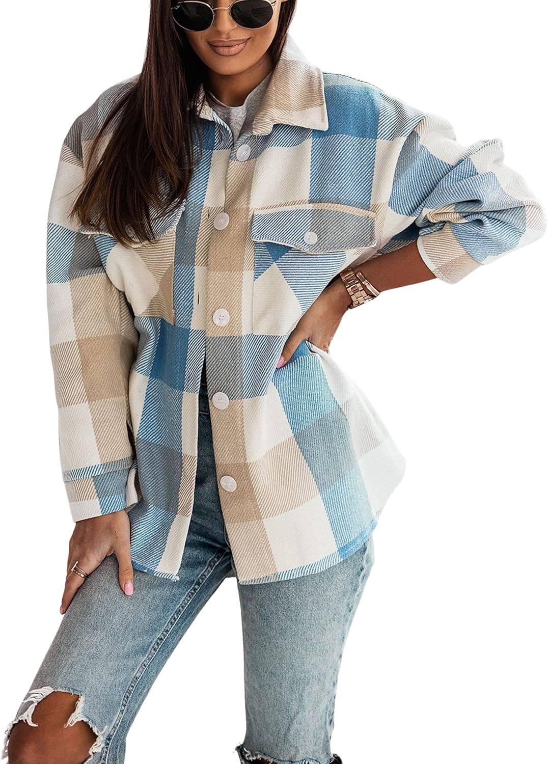 Unilexi Womens Fashion Long Sleeve Colorful Plaid Shackets Loose Lapel Collar Fleece Cardigan Coat - 7DAY'S