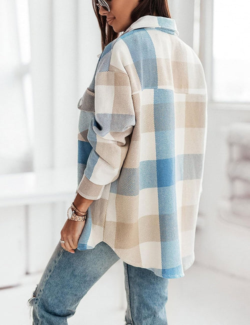 Unilexi Womens Fashion Long Sleeve Colorful Plaid Shackets Loose Lapel Collar Fleece Cardigan Coat - 7DAY'S