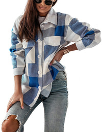 Unilexi Womens Fashion Long Sleeve Colorful Plaid Shackets Loose Lapel Collar Fleece Cardigan Coat - 7DAY'S