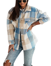 Unilexi Womens Fashion Long Sleeve Colorful Plaid Shackets Loose Lapel Collar Fleece Cardigan Coat - 7DAY'S