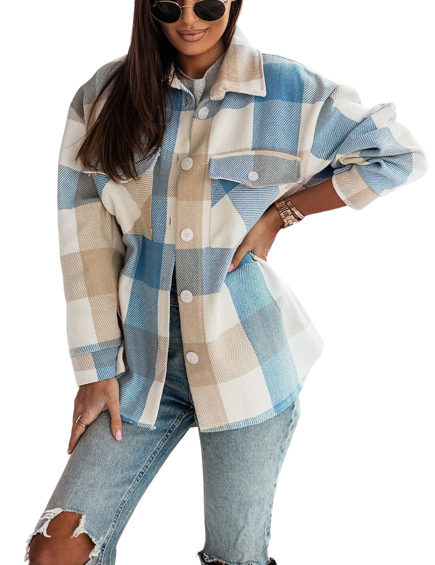 Unilexi Womens Fashion Long Sleeve Colorful Plaid Shackets Loose Lapel Collar Fleece Cardigan Coat - 7DAY'S