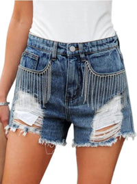 Unilexi Womens Fashion Ripped Fringe Jeans Shorts High Waisted Sequins Distressed Frayed Denim Shorts - 7DAY'S
