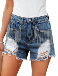 Unilexi Womens Fashion Ripped Fringe Jeans Shorts High Waisted Sequins Distressed Frayed Denim Shorts - 7DAY'S