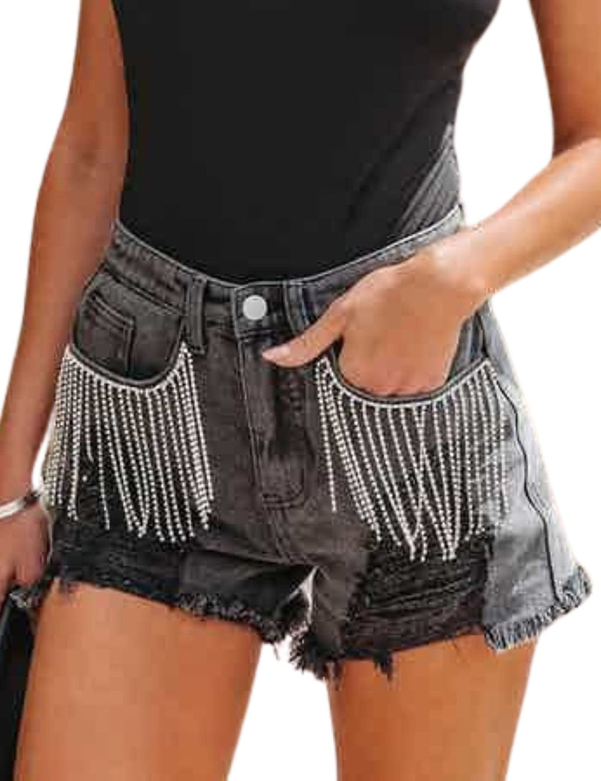 Unilexi Womens Fashion Ripped Fringe Jeans Shorts High Waisted Sequins Distressed Frayed Denim Shorts - 7DAY'S