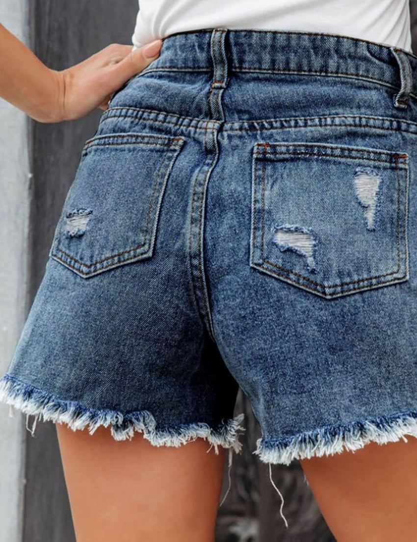 Unilexi Womens Fashion Ripped Fringe Jeans Shorts High Waisted Sequins Distressed Frayed Denim Shorts - 7DAY'S