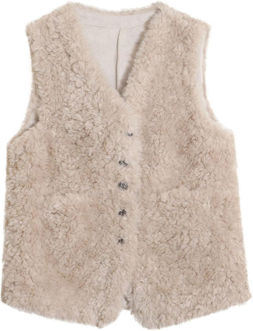 Unilexi Womens Fashion V-Neck Lambswool Vest Loose Wild Button Waistcoat Winter Sleeveless Jacket with Pockets