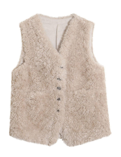 Unilexi Womens Fashion V - Neck Lambswool Vest Loose Wild Button Waistcoat Winter Sleeveless Jacket with Pockets - 7DAY'S