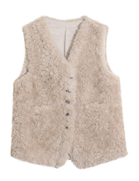 Unilexi Womens Fashion V - Neck Lambswool Vest Loose Wild Button Waistcoat Winter Sleeveless Jacket with Pockets - 7DAY'S