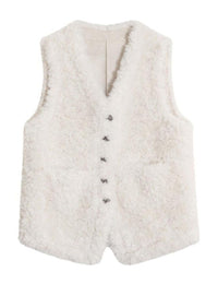 Unilexi Womens Fashion V - Neck Lambswool Vest Loose Wild Button Waistcoat Winter Sleeveless Jacket with Pockets - 7DAY'S