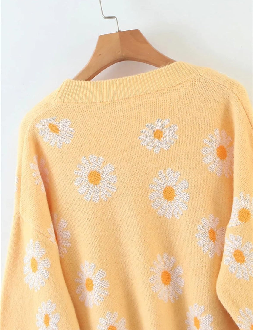 Unilexi Women's Floral Print Sweater V Neck Button Down Knitted Cardigan Long Sleeve Daisy Outerwear Coat - 7DAY'S