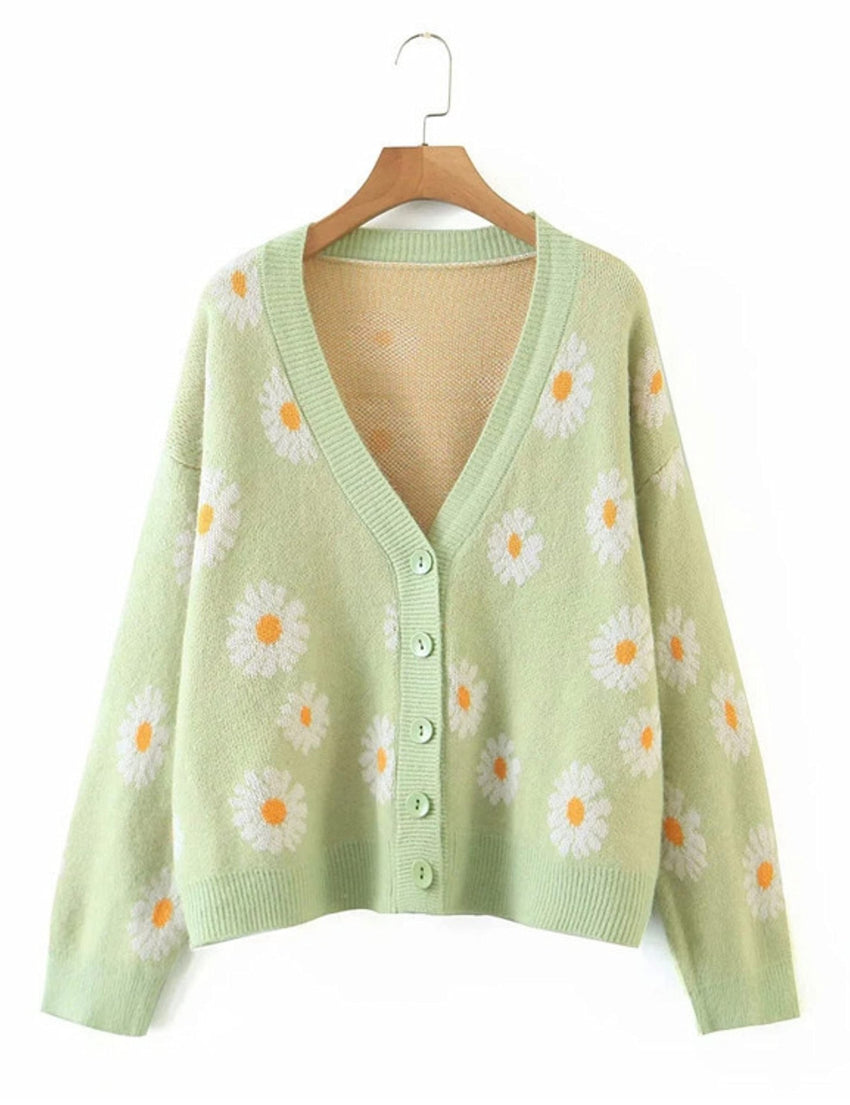 Unilexi Women's Floral Print Sweater V Neck Button Down Knitted Cardigan Long Sleeve Daisy Outerwear Coat - 7DAY'S
