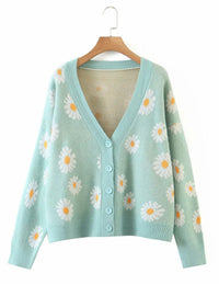 Unilexi Women's Floral Print Sweater V Neck Button Down Knitted Cardigan Long Sleeve Daisy Outerwear Coat - 7DAY'S