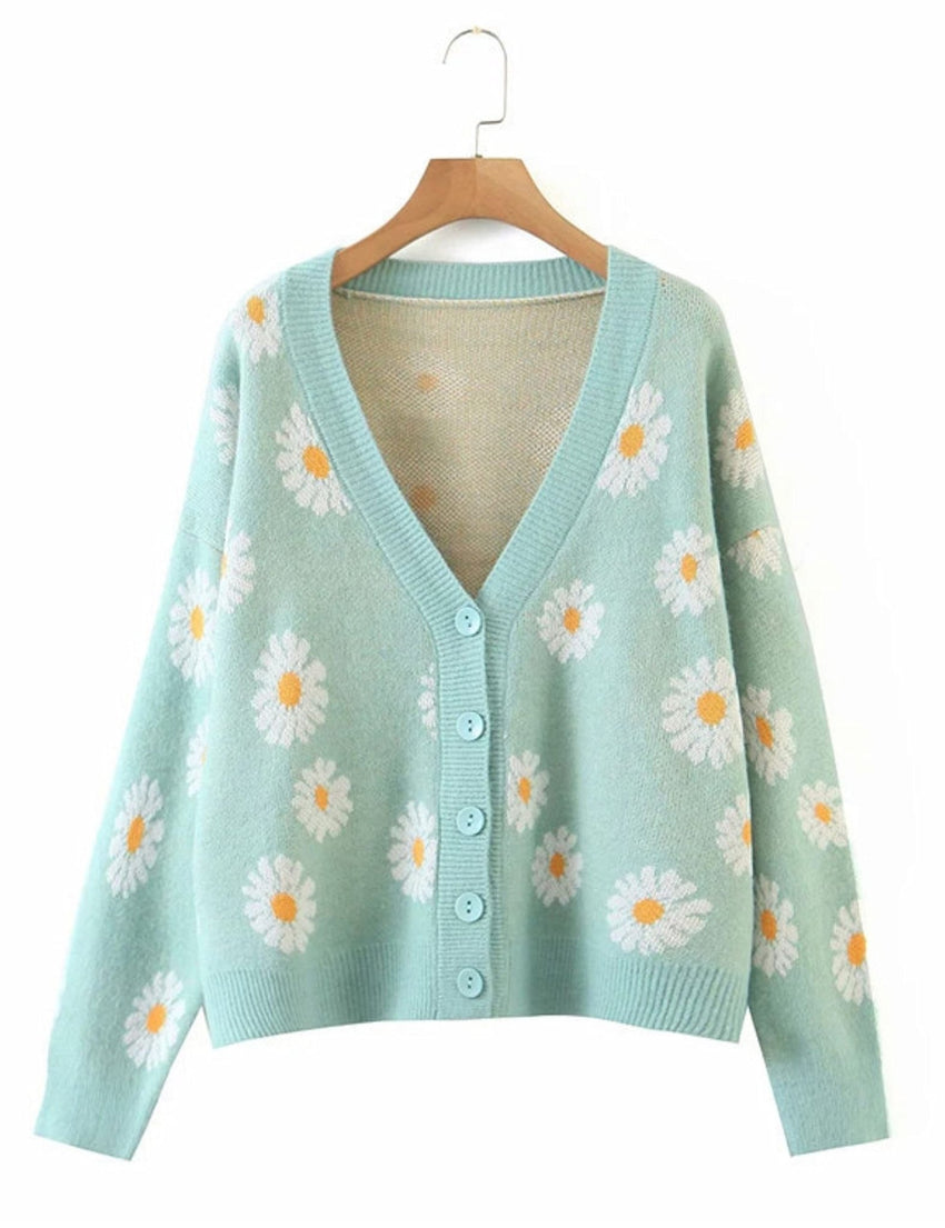 Unilexi Women's Floral Print Sweater V Neck Button Down Knitted Cardigan Long Sleeve Daisy Outerwear Coat - 7DAY'S