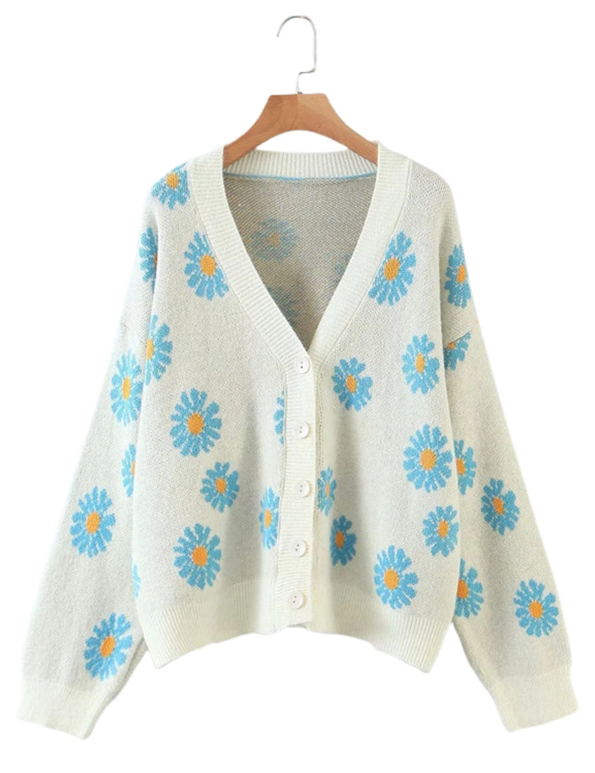 Unilexi Women's Floral Print Sweater V Neck Button Down Knitted Cardigan Long Sleeve Daisy Outerwear Coat - 7DAY'S