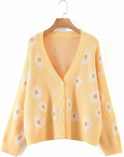 Unilexi Women's Floral Print Sweater V Neck Button Down Knitted Cardigan Long Sleeve Daisy Outerwear Coat - 7DAY'S