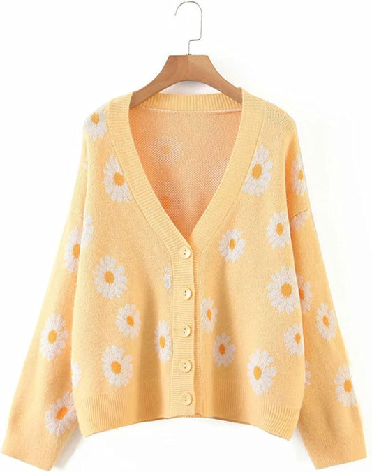 Unilexi Women's Floral Print Sweater V Neck Button Down Knitted Cardigan Long Sleeve Daisy Outerwear Coat - 7DAY'S