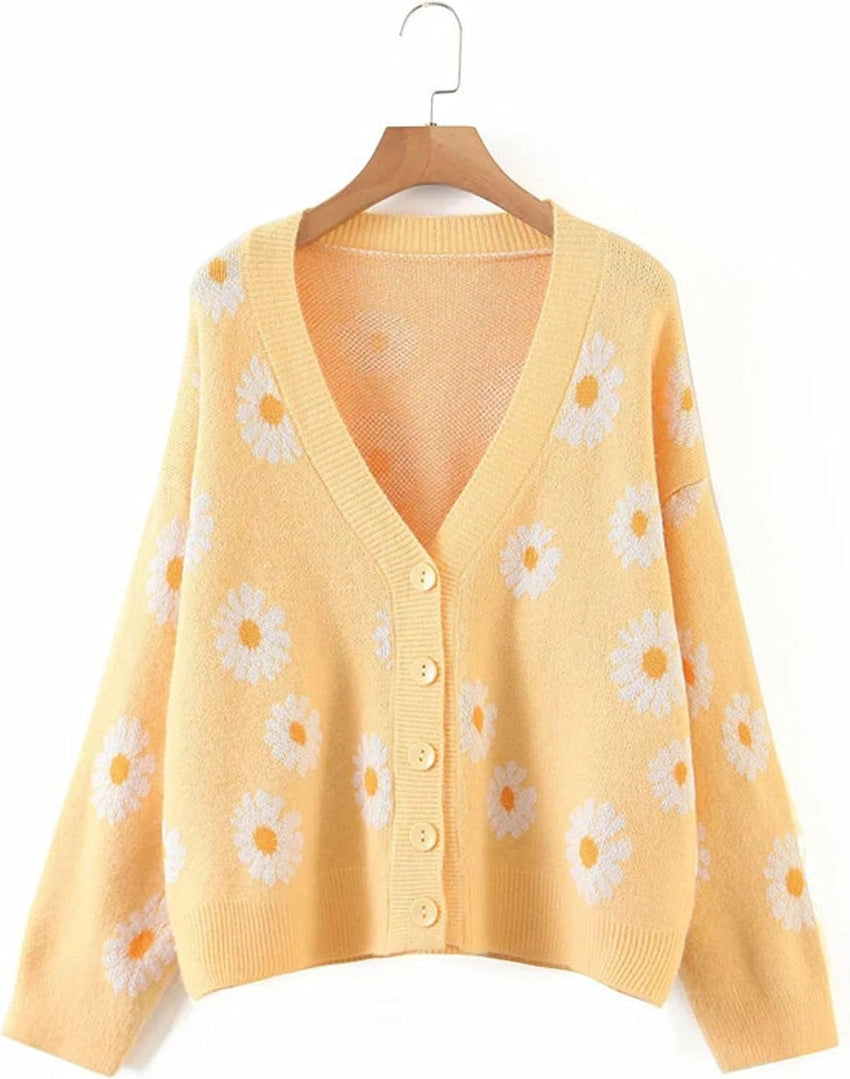 Unilexi Women's Floral Print Sweater V Neck Button Down Knitted Cardigan Long Sleeve Daisy Outerwear Coat - 7DAY'S